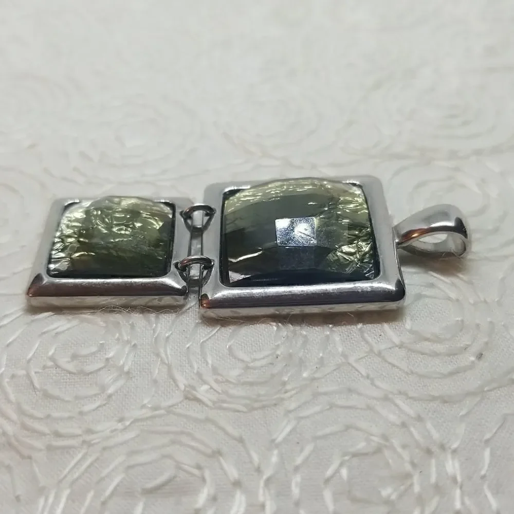 Lia Sophia Flux Pendant Double Square Faceted Green Silver